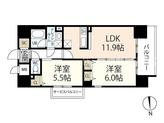 セントラルアヴェニュー田町(2LDK/9階)の間取り写真