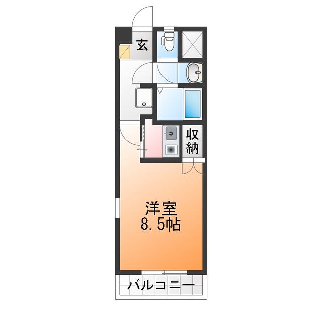 ルート南向 A棟(1K/3階)の間取り写真
