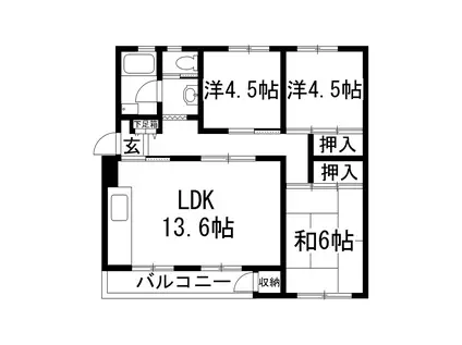 逆瀬川ハイツ3号棟(3LDK/3階)の間取り写真