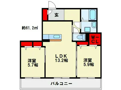ヴィラ ダンク上到津(2LDK/1階)の間取り写真