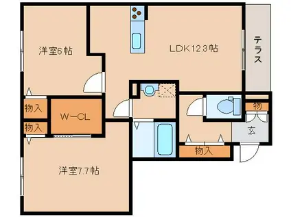 アシスト木津 B棟(2LDK/1階)の間取り写真