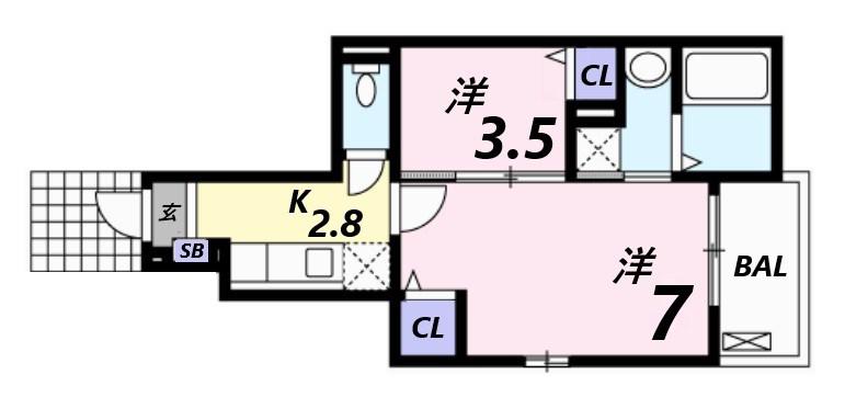 玲巧ハイツ八丁(1LDK/1階)の間取り写真