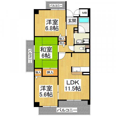 パデシオン大野芝(3LDK/4階)の間取り写真