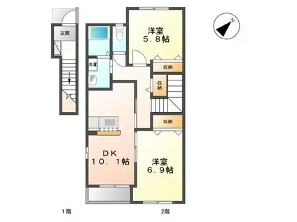 2階のお部屋で陽当り良好(2LDK/2階)の間取り写真