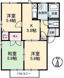 アンソレイエ21A(3K/2階)の間取り写真