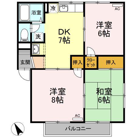 シャインポート屋島AD棟D棟(2LDK/2階)の間取り写真