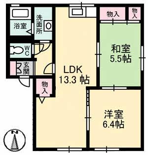 エイティー隅本 B棟(2LDK/1階)の間取り写真