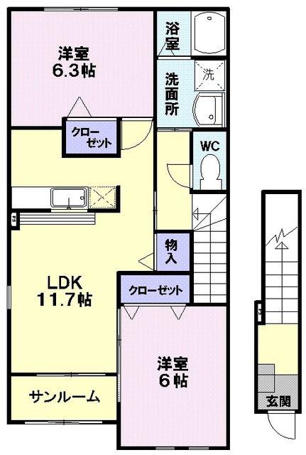 ラ・フルールB(2LDK/2階)の間取り写真