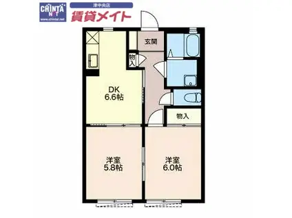 近鉄名古屋線 江戸橋駅 徒歩28分 2階建 築26年(2DK/1階)の間取り写真