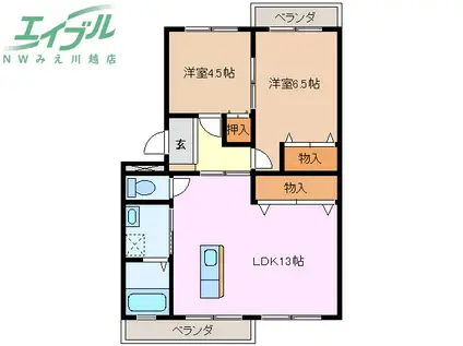 近鉄名古屋線 益生駅 徒歩22分 3階建 築45年(2LDK/3階)の間取り写真