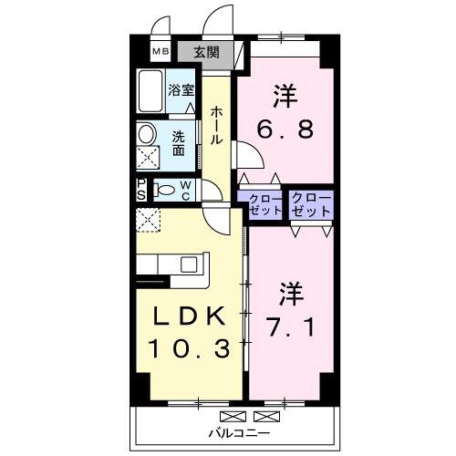 近鉄大阪線 高安駅 徒歩2分 6階建 築13年(2LDK/6階)の間取り写真