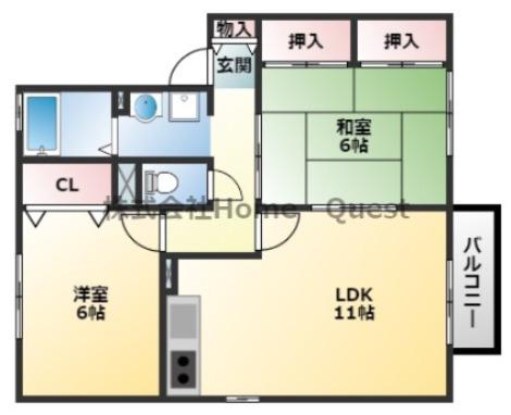 近鉄奈良線 河内花園駅 徒歩28分 2階建 築26年(2LDK/2階)の間取り写真