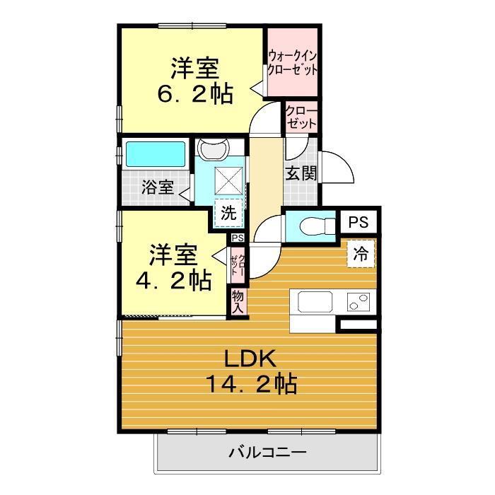 ウィルコート小郡三軒屋町 B棟(2LDK/2階)の間取り写真