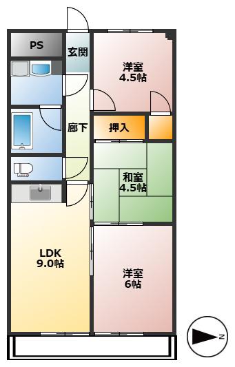 リバルティーレ津新町B(3LDK/2階)の間取り写真