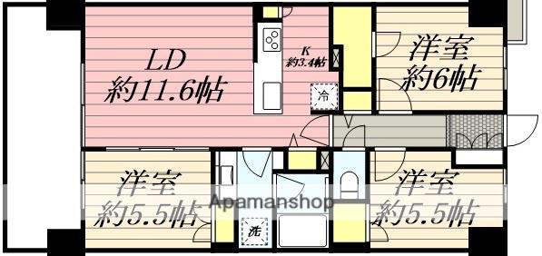 レーベン宮崎ONE TOWER(3LDK/2階)の間取り写真