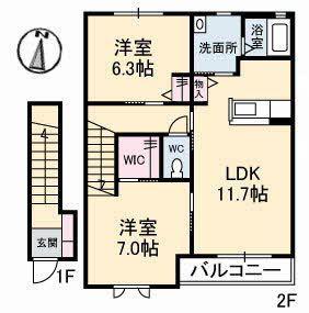 沢井手フラッツ(2LDK/2階)の間取り写真