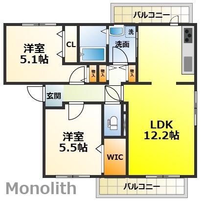 カーサ・ミーアIIB棟(2LDK/2階)の間取り写真