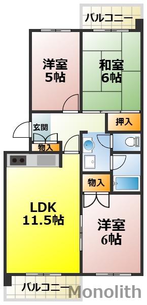 泉北鴨谷台3丁6号棟(3LDK/3階)の間取り写真