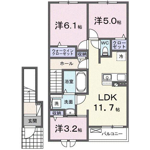 八幡東3丁目アパートB棟(3LDK/2階)の間取り写真