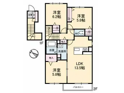 SERENA GARDEN A棟(3LDK/2階)の間取り写真