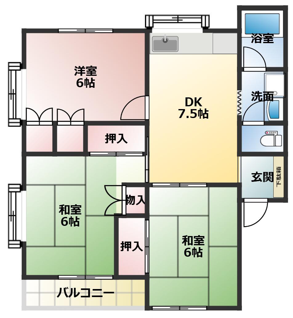 ステップイン上町B(3DK/1階)の間取り写真