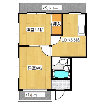 宝塚ハ-モニ-ハイツ(2DK/4階)の間取り写真
