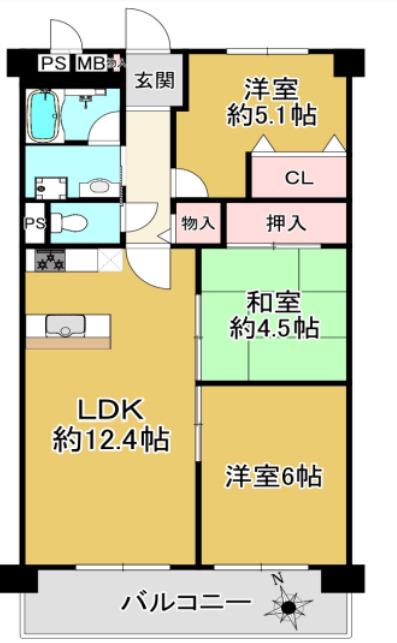 ユニライフ垂水千代が丘(3LDK/5階)の間取り写真