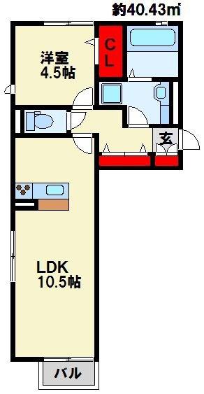 ソレイユひびきが丘(1LDK/2階)の間取り写真