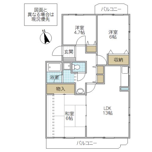 ガーデンプラトー河和田 B棟(3LDK/3階)の間取り写真