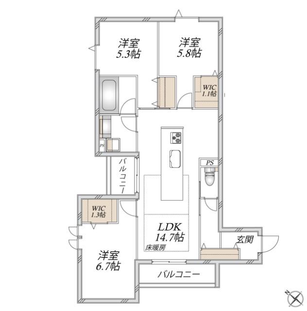 浦和区領家3丁目メゾン北棟(3LDK/3階)の間取り写真