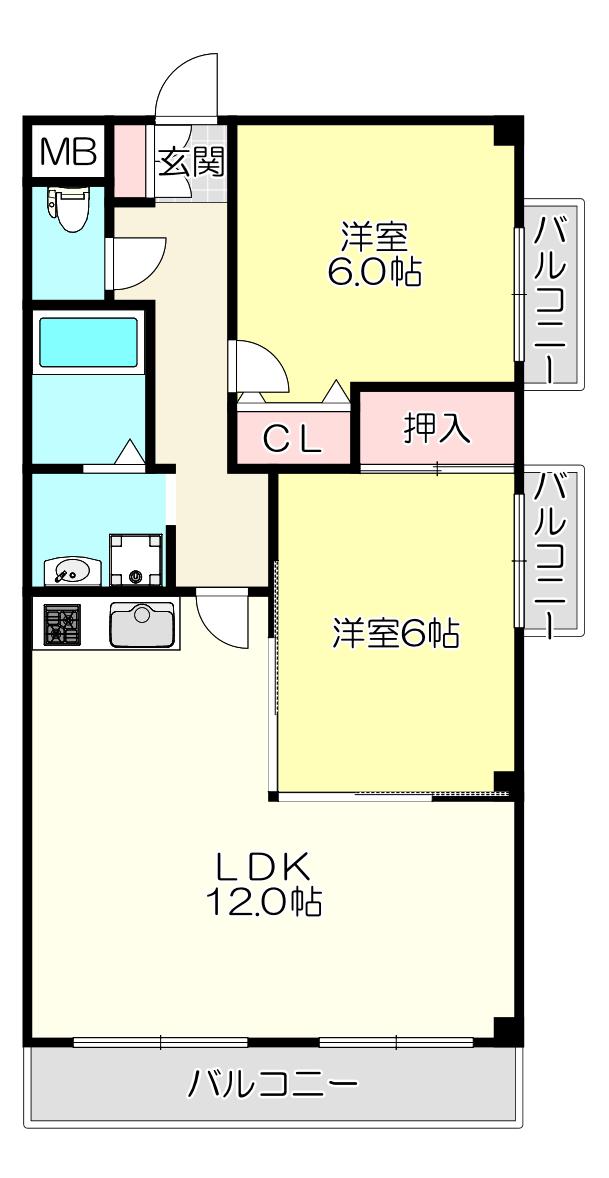 グランドゥール(2LDK/2階)の間取り写真