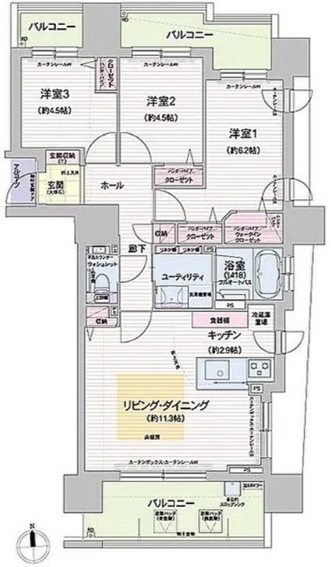 グランファーレ平岸THEパークサイドウエストウイング(3LDK/8階)の間取り写真