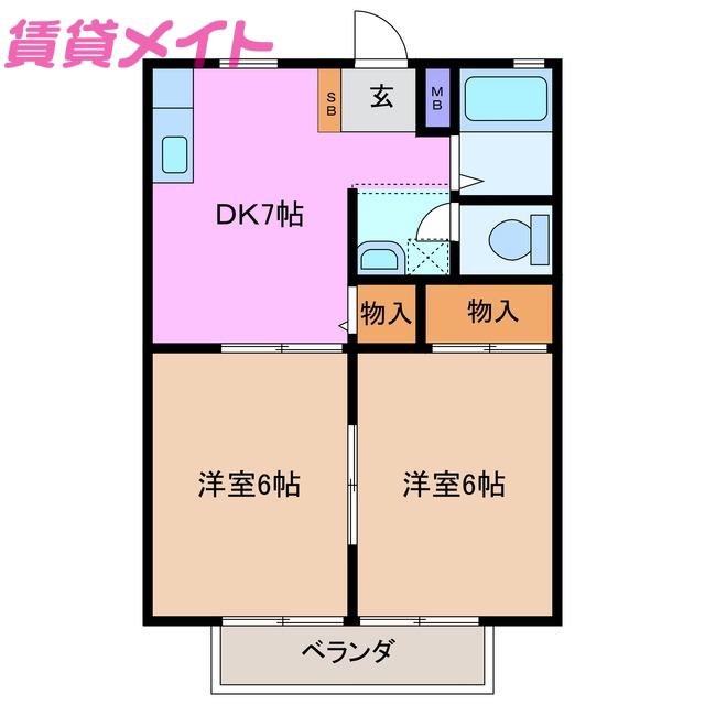 リ・スタートB(2DK/2階)の間取り写真