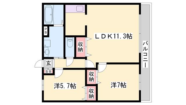 ウエストリバーB棟(2LDK/1階)の間取り写真