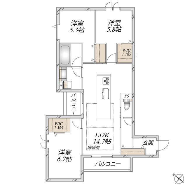 浦和区領家3丁目メゾン北棟(3LDK/2階)の間取り写真