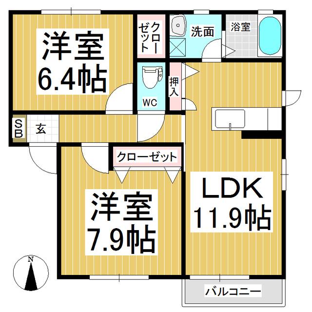 セピアコート西河原A棟(2LDK/2階)の間取り写真