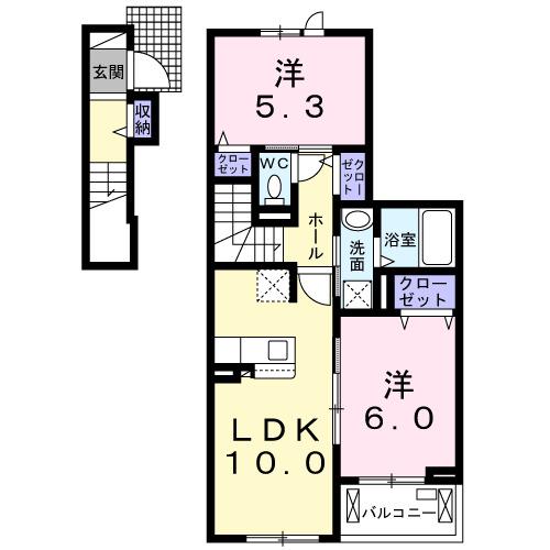ウィステリア 壱(2LDK/2階)の間取り写真