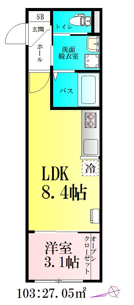 河原町レジデンスB棟(1LDK/1階)の間取り写真