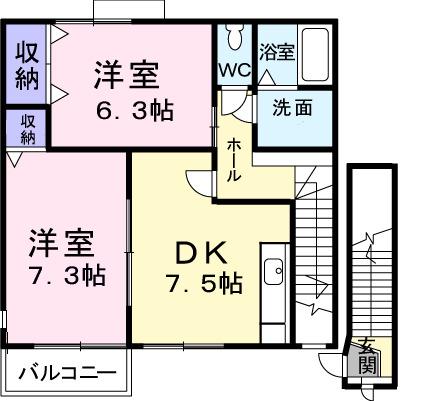 カンフォタブルクォーター(2DK/2階)の間取り写真