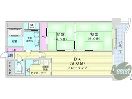 ライオンズマンション木町通(2DK/7階)の間取り写真