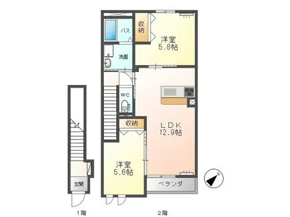 ピエトラ・ディーオI(2LDK/2階)の間取り写真