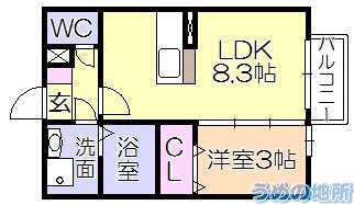 べアーレ高屋敷(1LDK/1階)の間取り写真