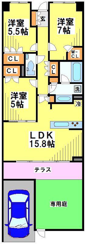 クレヴィア調布国領レジデンス カームテラス(3LDK/1階)の間取り写真