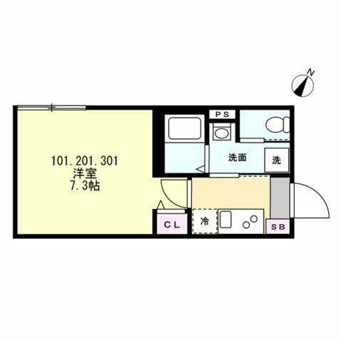 ベイルーム十日市場(1K/2階)の間取り写真