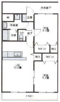 スカイヒルズマンション(2LDK/2階)の間取り写真