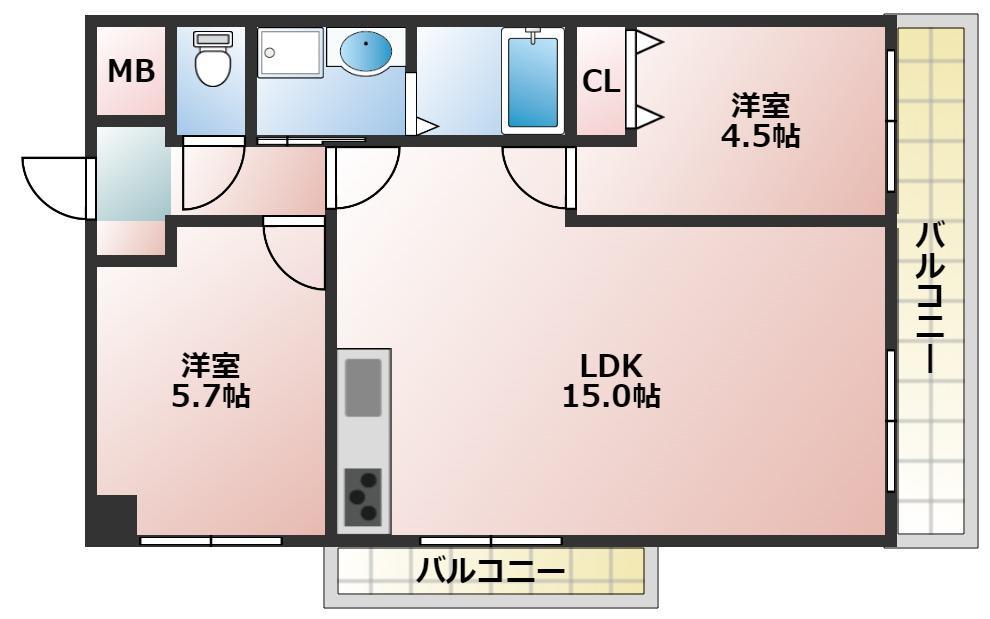 ハイム三味西(2LDK/2階)の間取り写真