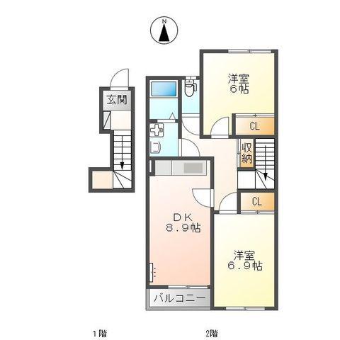 FELICIA弐番館(2DK/2階)の間取り写真