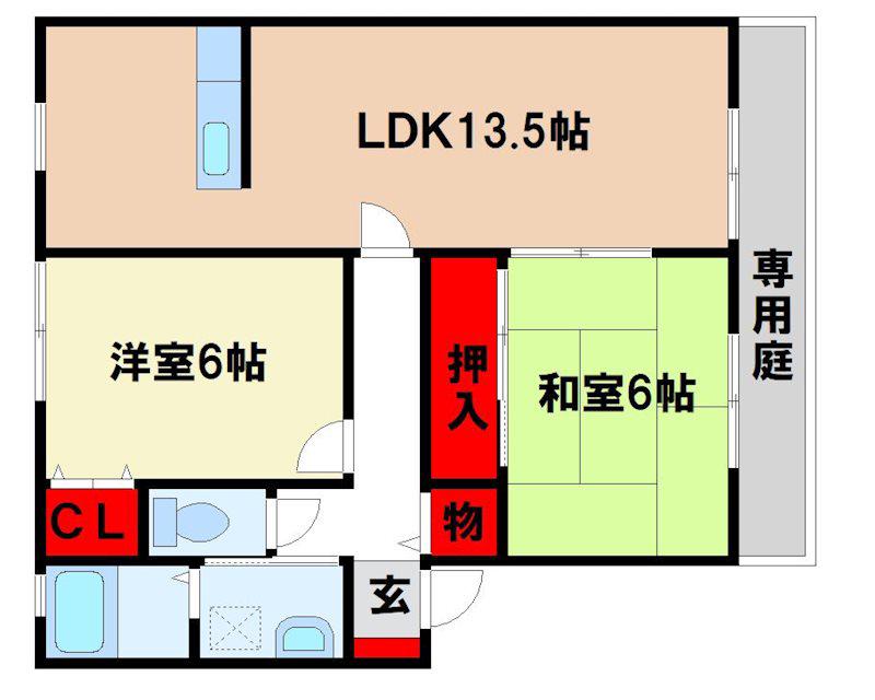 ウェルフェアビレッジ E棟(2LDK/1階)の間取り写真