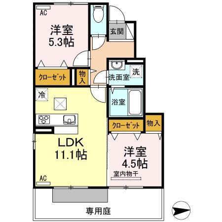 セジュール澄IIIB棟(2LDK/1階)の間取り写真