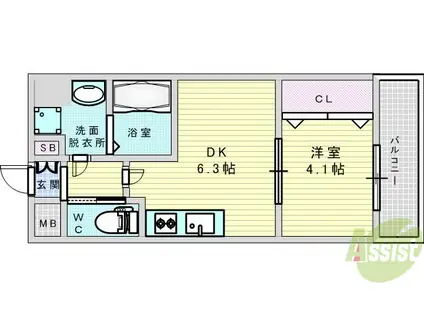 プレジオ江坂Ⅱ(1DK/9階)の間取り写真